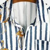 Hawaiian Short-Sleeve Shirt, Tropical Flamingo, Navy, Striped Print, Pocket