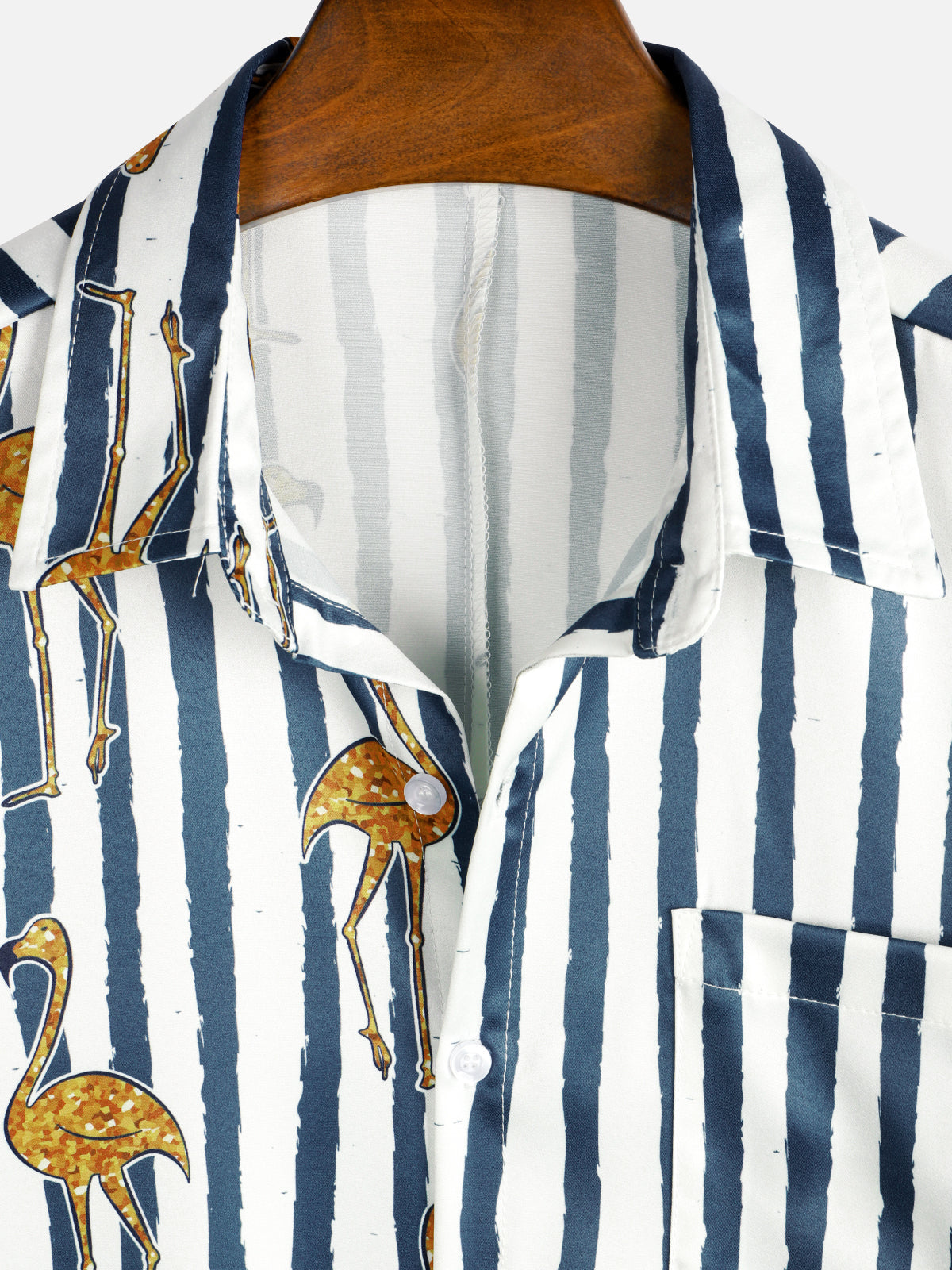 Hawaiian Short-Sleeve Shirt, Tropical Flamingo, Navy, Striped Print, Pocket