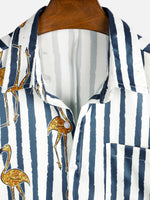 Hawaiian Short-Sleeve Shirt, Tropical Flamingo, Navy, Striped Print, Pocket