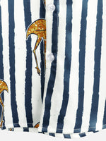 Hawaiian Short-Sleeve Shirt, Tropical Flamingo, Navy, Striped Print, Pocket