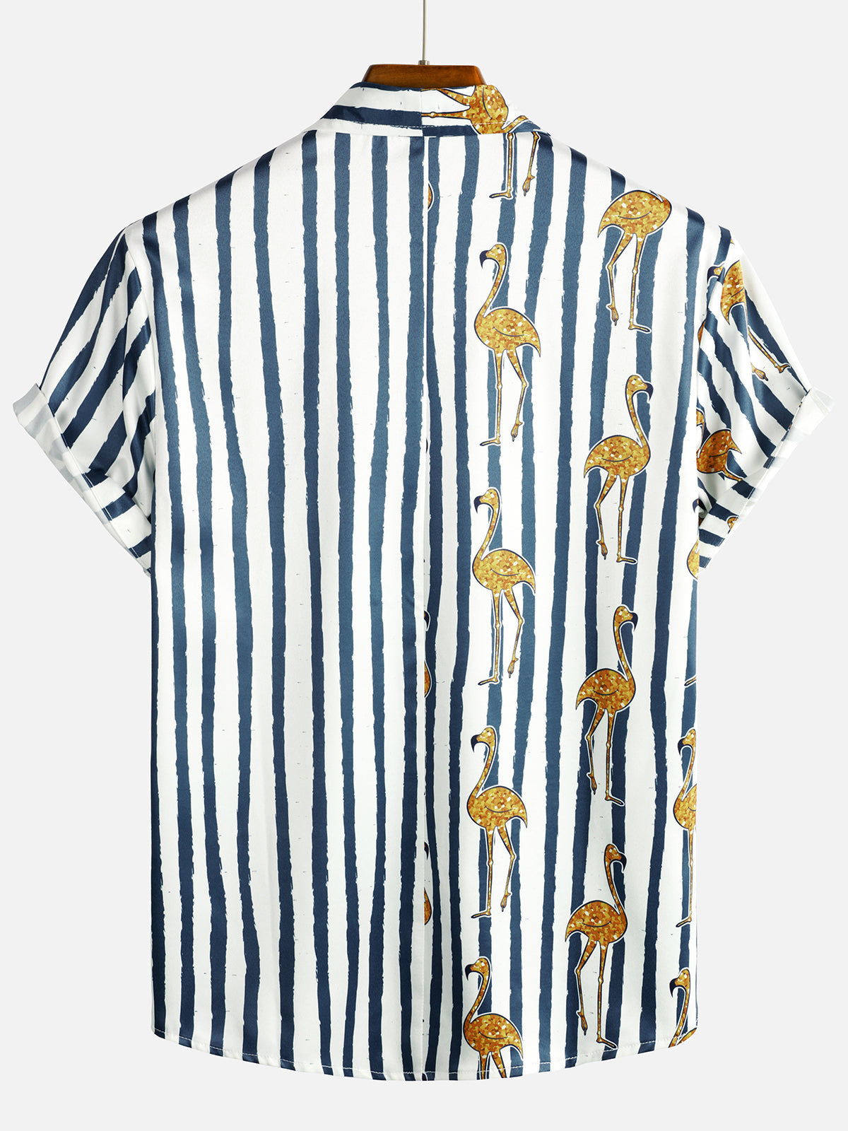 Hawaiian Short-Sleeve Shirt, Tropical Flamingo, Navy, Striped Print, Pocket