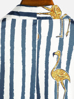 Hawaiian Short-Sleeve Shirt, Tropical Flamingo, Navy, Striped Print, Pocket