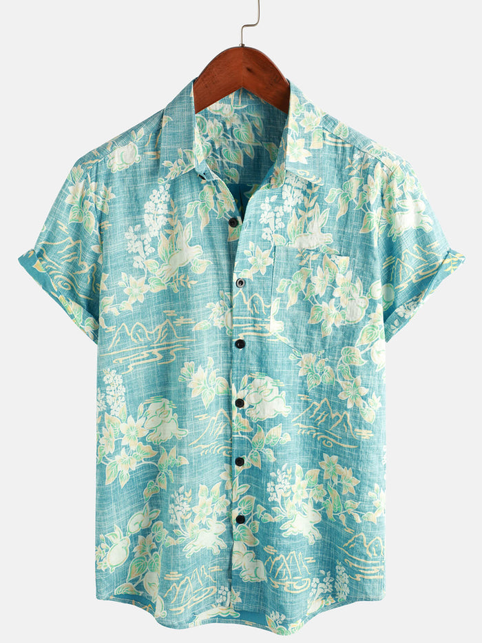 Button-Up Short Sleeve Shirt with Retro Botanical Print