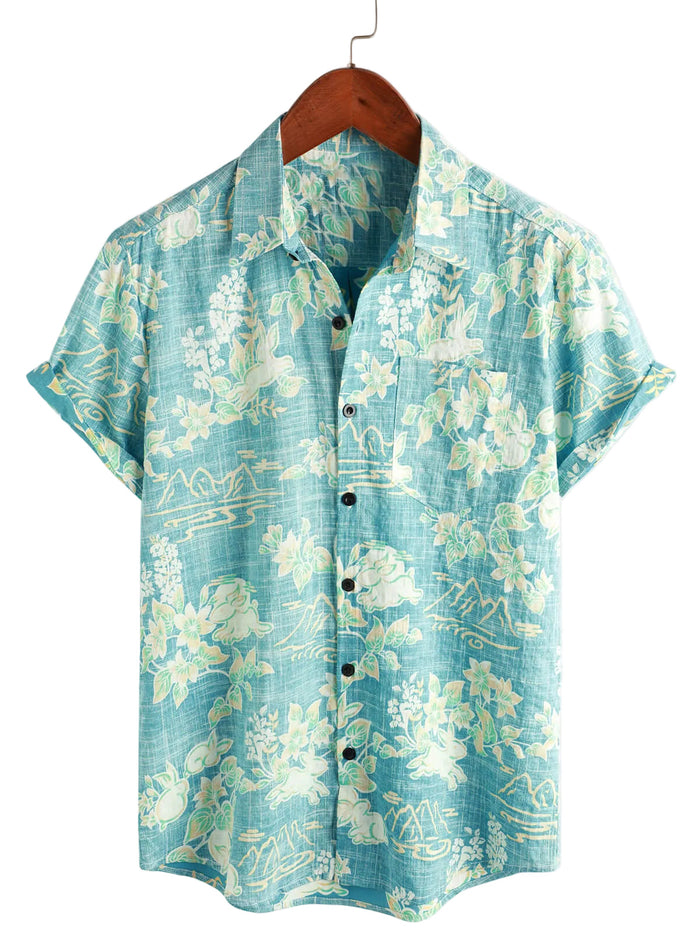Cotton Shirt with Short Sleeves with Vintage Hawaiian Floral Pattern for Men