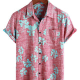 Men's Hawaiian-Style Cotton Short-Sleeve Shirt in Red Floral Pattern