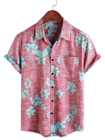 Men's Hawaiian-Style Cotton Short-Sleeve Shirt in Red Floral Pattern