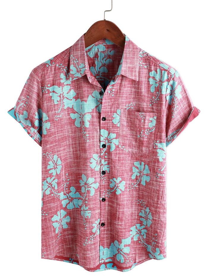 Men's Hawaiian-Style Cotton Short-Sleeve Shirt in Red Floral Pattern