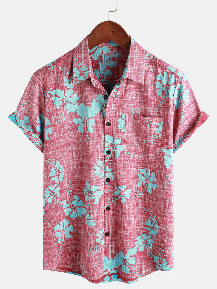 Vintage Red Floral Button-Up Hawaiian Tropical Beach Short Sleeve Shirt