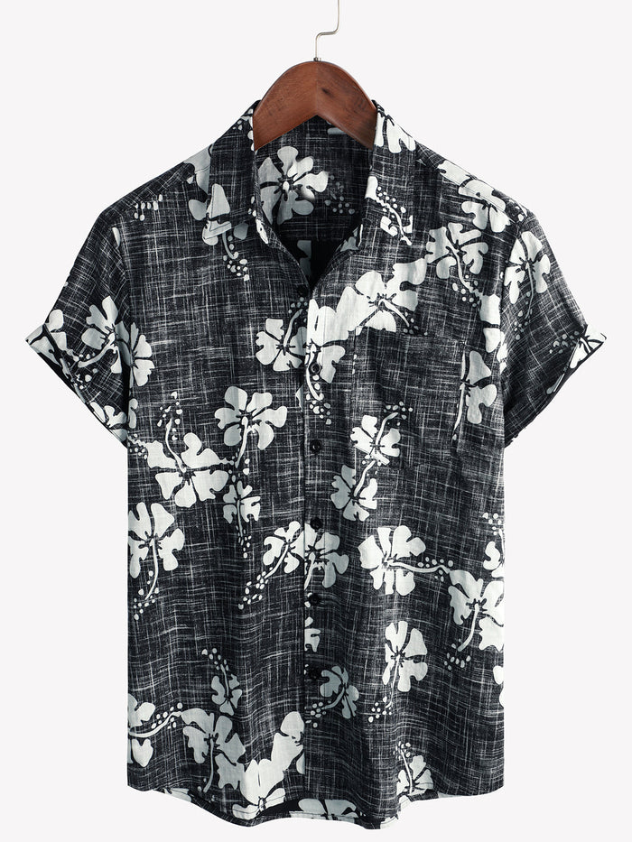 Vintage Black Floral Hawaiian Tropical Beach Short Sleeve Shirt