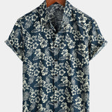 Tropical Blue Leaves Button-Up Short-Sleeve Beach Shirt, Aloha Resort
