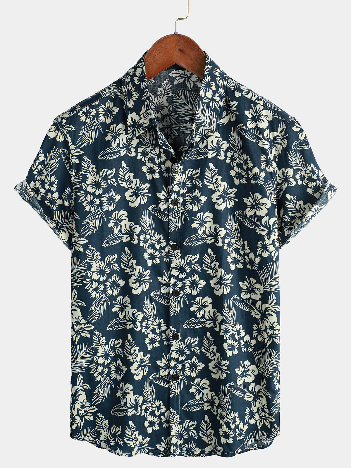 Tropical Blue Leaves Button-Up Short-Sleeve Beach Shirt, Aloha Resort