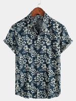 Tropical Blue Leaves Button-Up Short-Sleeve Beach Shirt, Aloha Resort