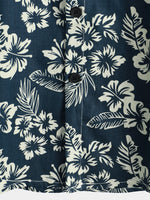 Tropical Blue Leaves Button-Up Short-Sleeve Beach Shirt, Aloha Resort
