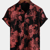 Red and Black Retro Floral Button-Up Beach Shirt