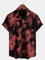 Red and Black Retro Floral Button-Up Beach Shirt