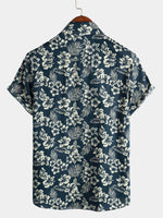 Tropical Blue Leaves Button-Up Short-Sleeve Beach Shirt, Aloha Resort
