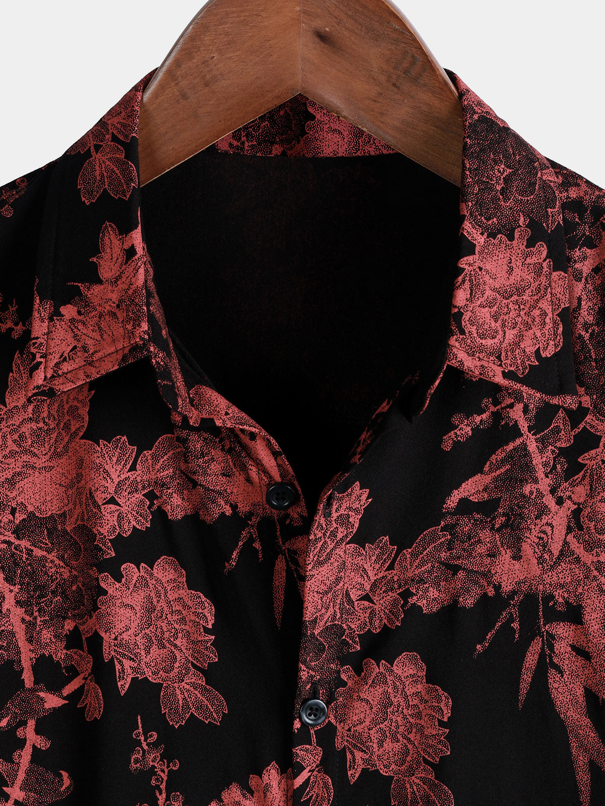Red and Black Retro Floral Button-Up Beach Shirt