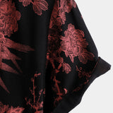 Red and Black Retro Floral Button-Up Beach Shirt