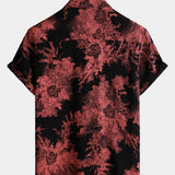 Red and Black Retro Floral Button-Up Beach Shirt
