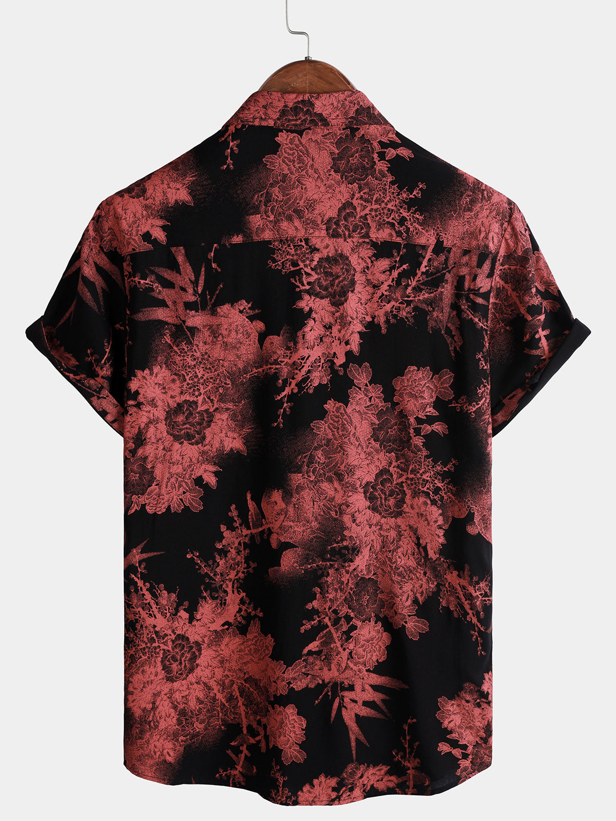 Red and Black Retro Floral Button-Up Beach Shirt