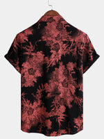 Red and Black Retro Floral Button-Up Beach Shirt