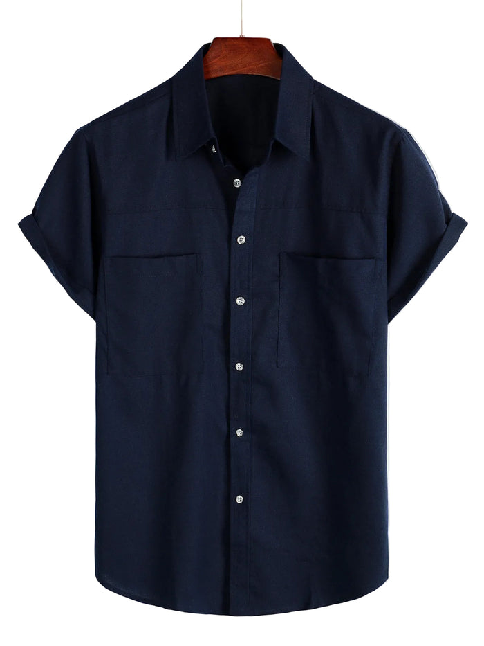 Cotton Short-Sleeve Shirt with Chest Pockets in Solid Color