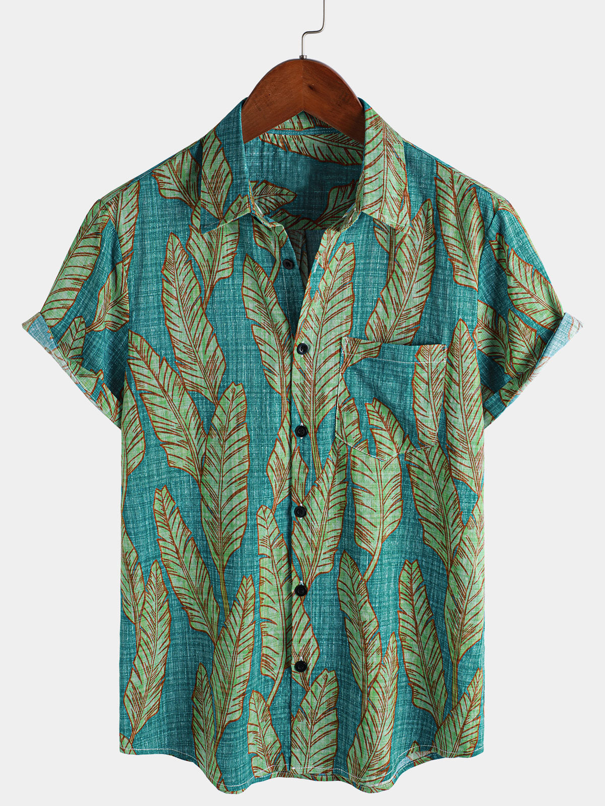 Hawaiian Short-Sleeve Shirt, Green Tropical Leaf Motif, Summer