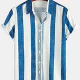 Casual Vintage Blue Vertical Stripe Short-Sleeve Shirt