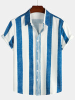 Casual Vintage Blue Vertical Stripe Short-Sleeve Shirt