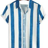Men's Casual Vintage Cotton Shirt with Short Sleeve in Blue Vertical Stripes