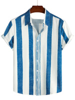 Men's Casual Vintage Cotton Shirt with Short Sleeve in Blue Vertical Stripes