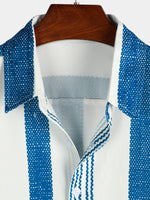 Casual Vintage Blue Vertical Stripe Short-Sleeve Shirt