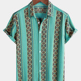 Retro Floral Stripe Button-Up Lightweight Summer Short Sleeve Shirt