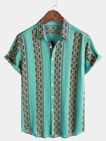 Retro Floral Stripe Button-Up Lightweight Summer Short Sleeve Shirt