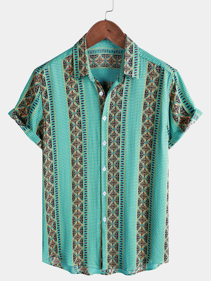 Retro Floral Stripe Button-Up Lightweight Summer Short Sleeve Shirt