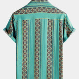 Retro Floral Stripe Button-Up Lightweight Summer Short Sleeve Shirt