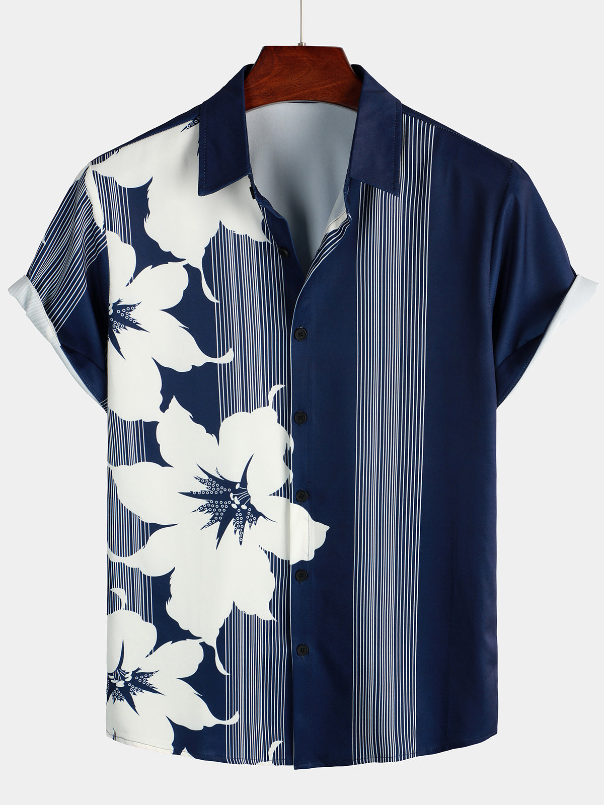 Short-Sleeve Vintage Aloha Hawaiian Vertical Striped Shirt