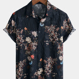 Button-Up Short Sleeve Shirt with Retro Floral Pattern, Ideal for Vacation