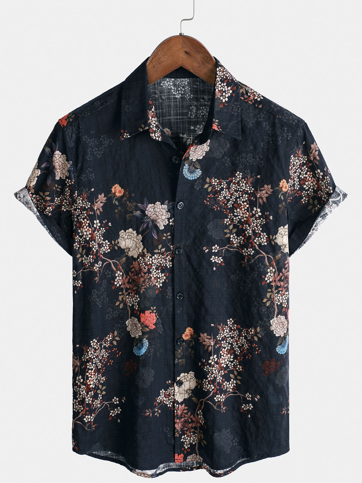 Button-Up Short Sleeve Shirt with Retro Floral Pattern, Ideal for Vacation