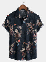 Button-Up Short Sleeve Shirt with Retro Floral Pattern, Ideal for Vacation