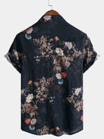 Button-Up Short Sleeve Shirt with Retro Floral Pattern, Ideal for Vacation