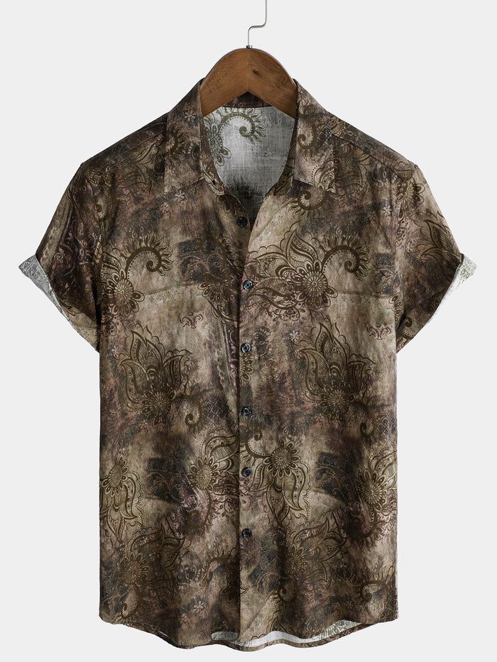 Short-Sleeve Retro Print Vacation Style Shirt