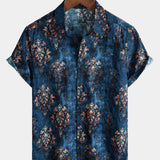 Button-Up Short Sleeve Shirt, Retro Style, Blue, Summer