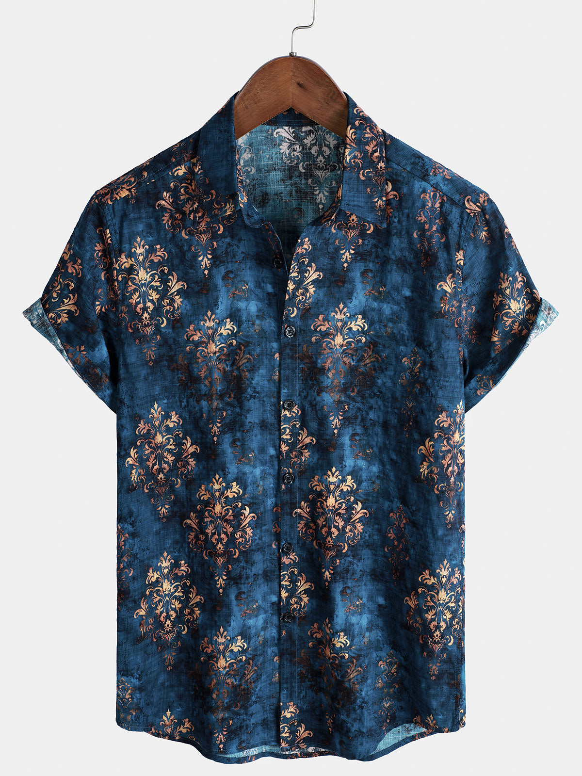 Button-Up Short Sleeve Shirt, Retro Style, Blue, Summer