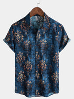 Button-Up Short Sleeve Shirt, Retro Style, Blue, Summer