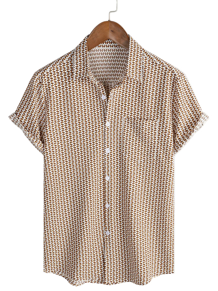Men's Cotton Shirt for Vacation Short Sleeve Khaki with Buttons