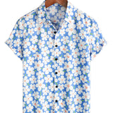 Summer Men's Cotton Floral Casual Shirt, Pencil Fit, Short Sleeve, Light Blue Color
