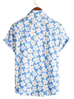 Summer Men's Cotton Floral Casual Shirt, Pencil Fit, Short Sleeve, Light Blue Color
