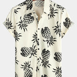 Beige Button-Up Short Sleeve Shirt with Pineapple Print, Summer Beach Hawaiian