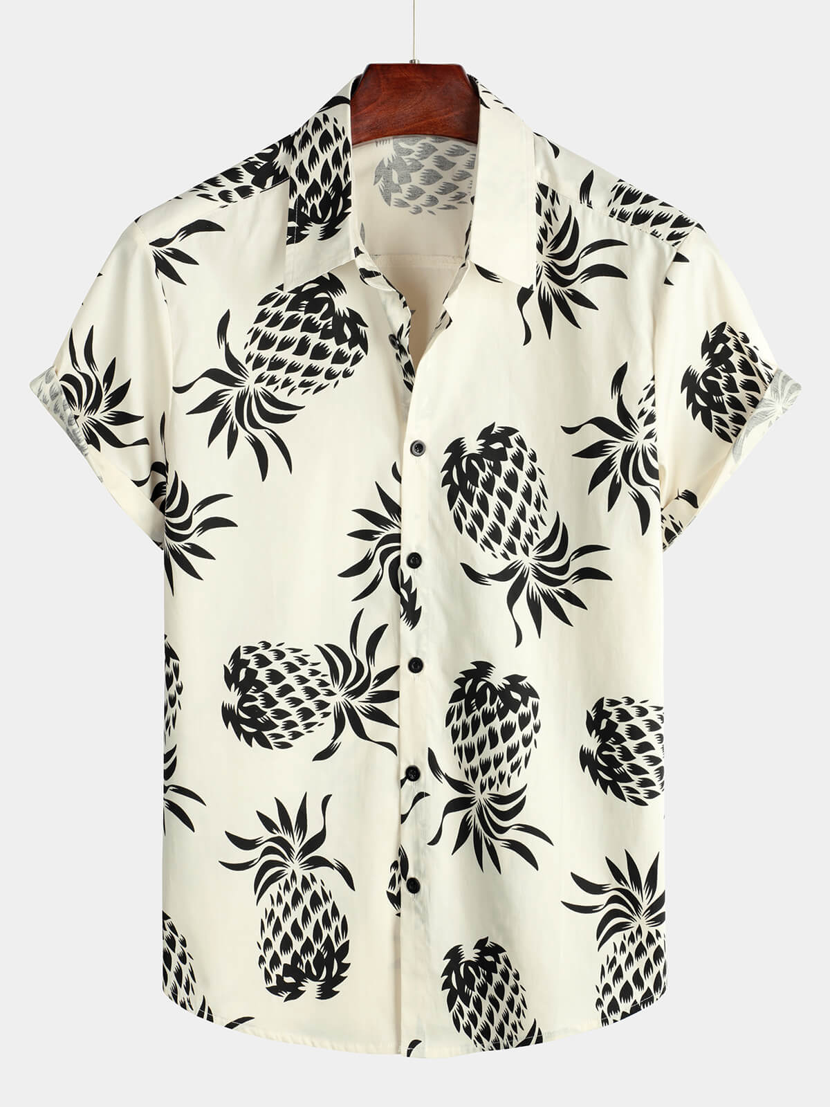 Beige Button-Up Short Sleeve Shirt with Pineapple Print, Summer Beach Hawaiian